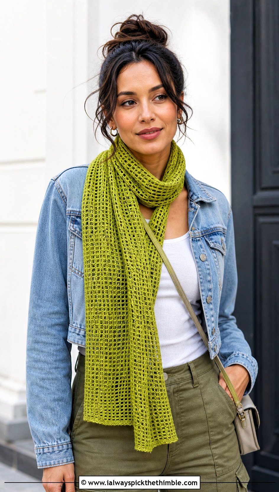 Mesh Lace Crochet Scarf With Denim Jacket And Cargo Pants - 15 Easy Lace Crochet Scarf outfit ideas
