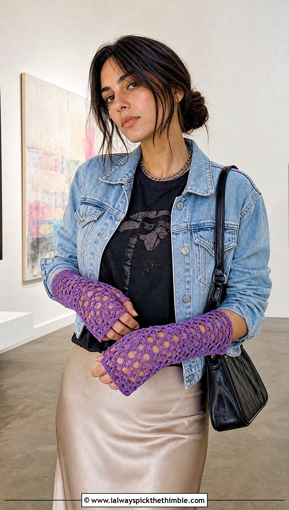 Mesh Lace Crocheted Fingerless Gloves With Graphic Tee And Satin Skirt - 20 crocheted fingerless gloves outfit ideas
