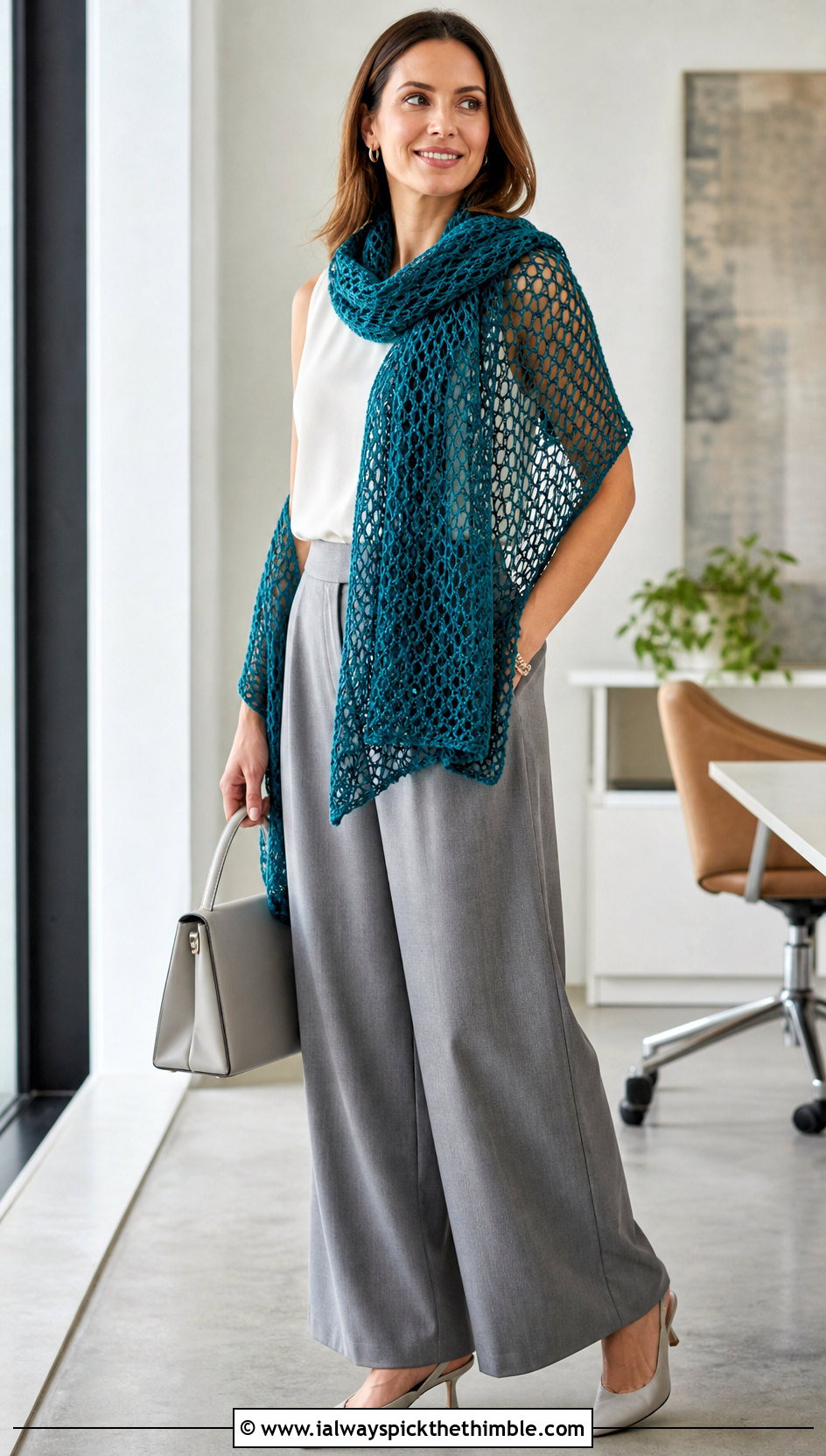 Mesh Lace Double Sleeve Scarf With Tailored Trousers - 20 crochet double sleeve scarf outfit ideas