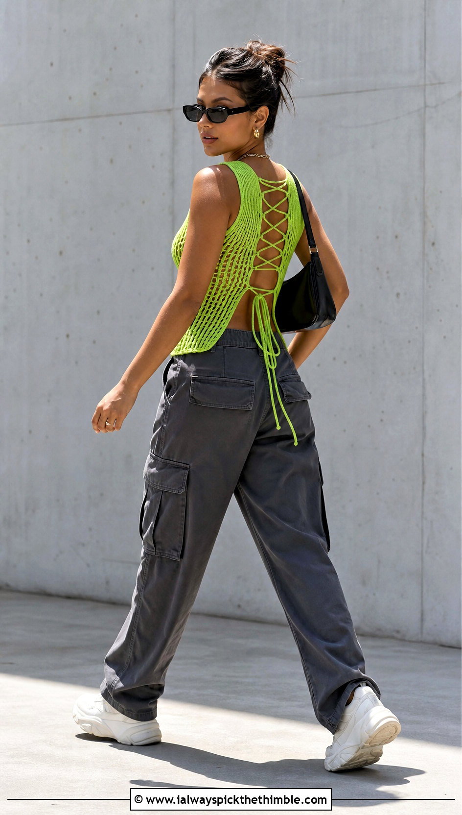 Mesh Lace Up Crochet Backless Tank Top With Cargo Pants - 20 crochet backless tank top outfit ideas