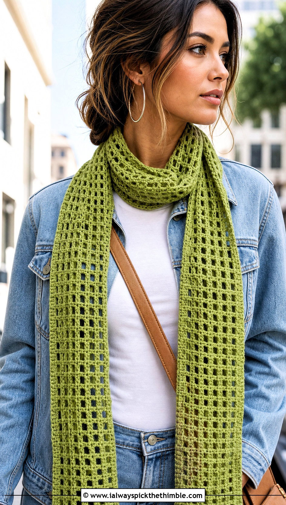 Mesh Lacy Green Crochet Scarf With White Tee And Jeans - 15 Lacy Green Crochet Scarf outfit ideas