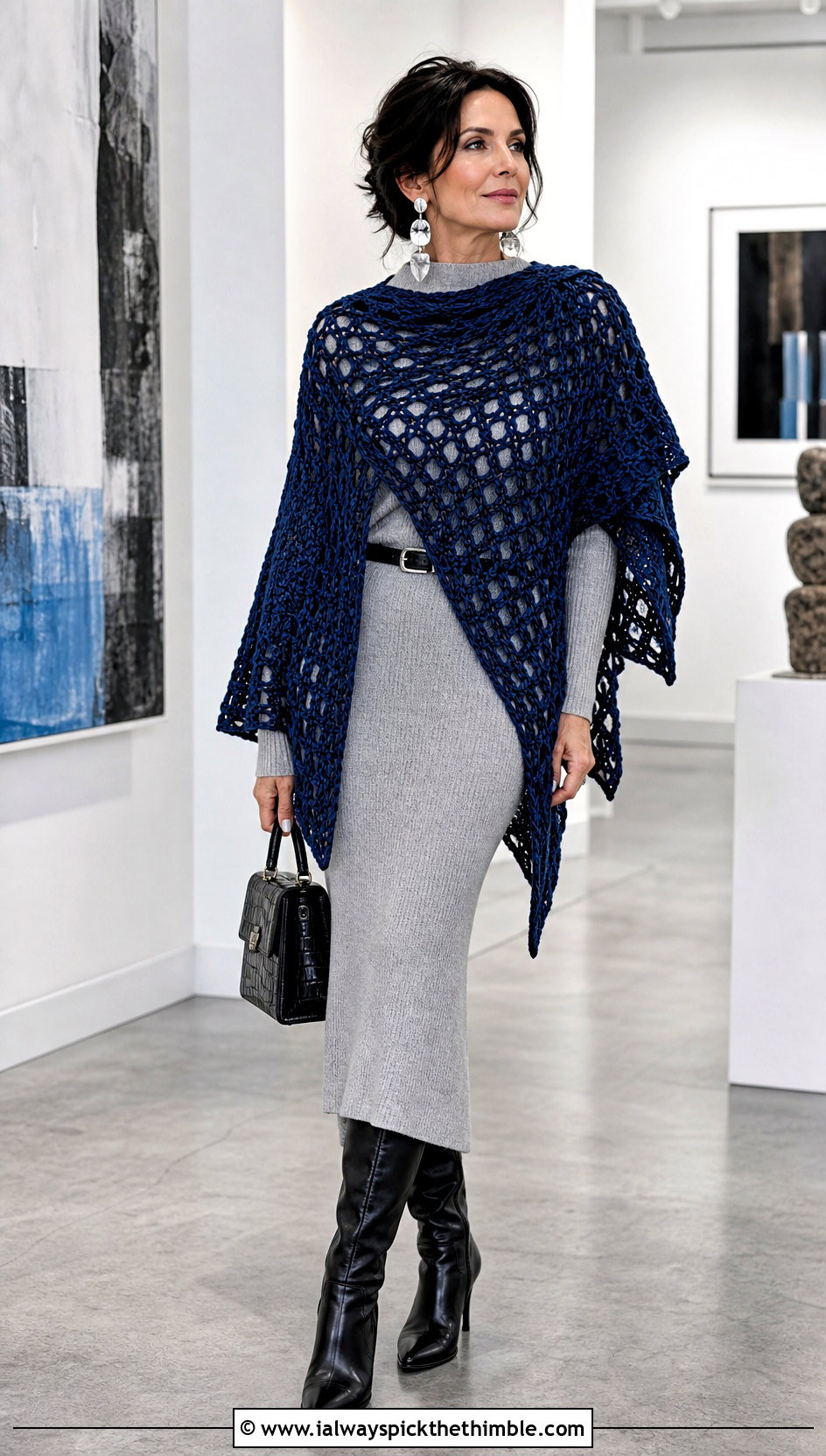 Mesh Layered Crochet Poncho With Knit Maxi Dress - 20 woman winter crochet poncho outfit ideas