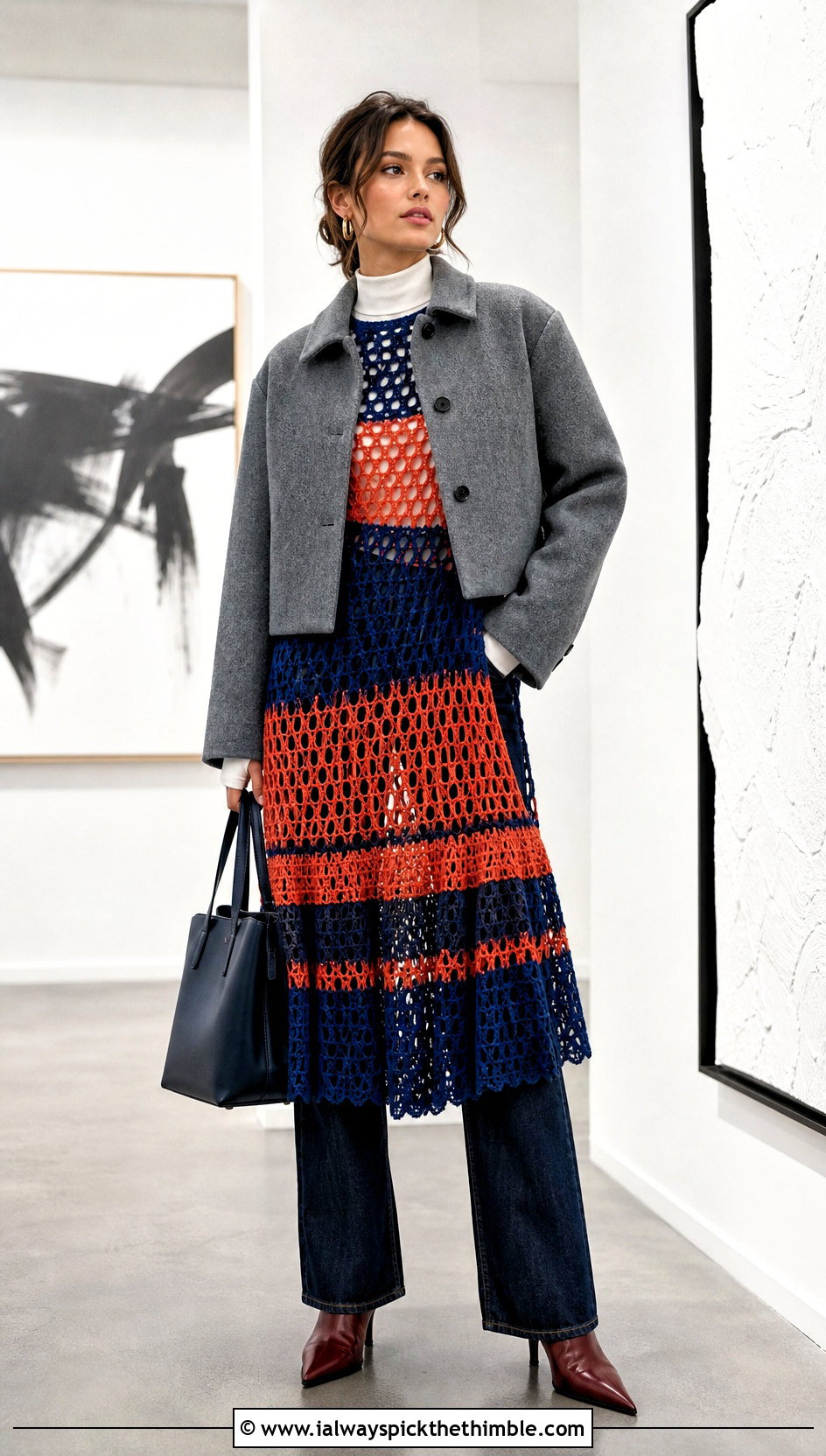Mesh Layered Crochet Winter Dress With Turtleneck And Jeans - 25 crochet winter dress outfit ideas