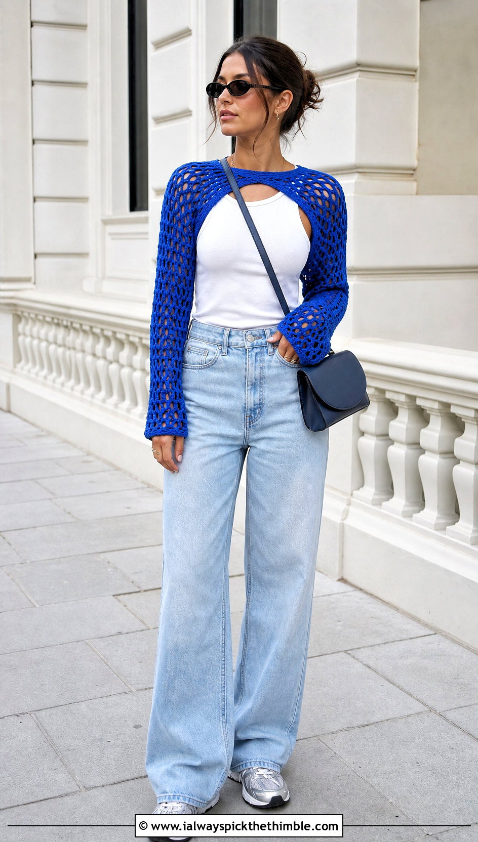 Mesh Long Sleeve Crochet Bolero With Wide Leg Jeans - 20 Crochet Bolero Sweater outfit ideas