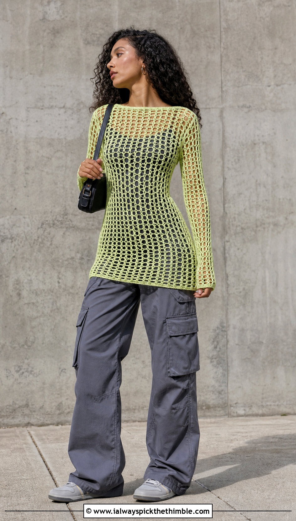 Mesh Long Sleeve Crochet Mini Dress With Cargo Pants - 25 long sleeve crochet dress outfit ideas