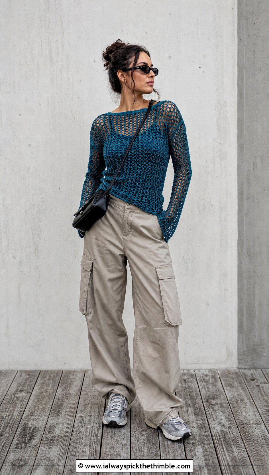 Mesh Long Sleeve Crochet Top With Cargo Pants - 15 crochet top on wooden floor outfit ideas