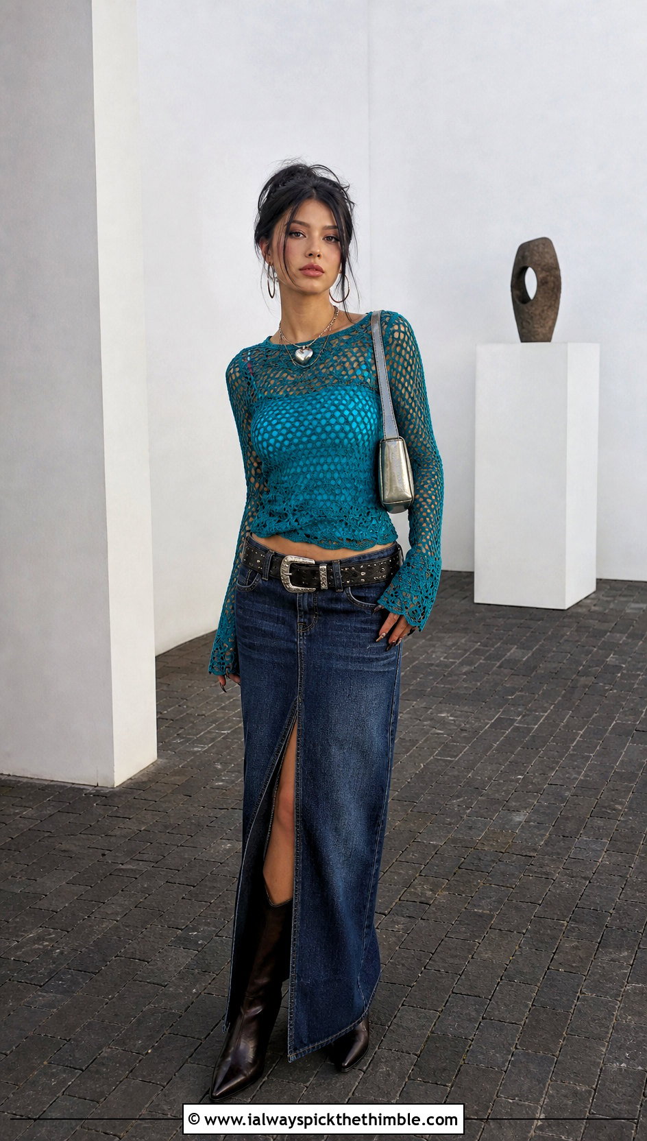 Mesh Long Sleeve Crochet Top With Denim Maxi Skirt - 20 Crochet Top Y2K Outfit ideas