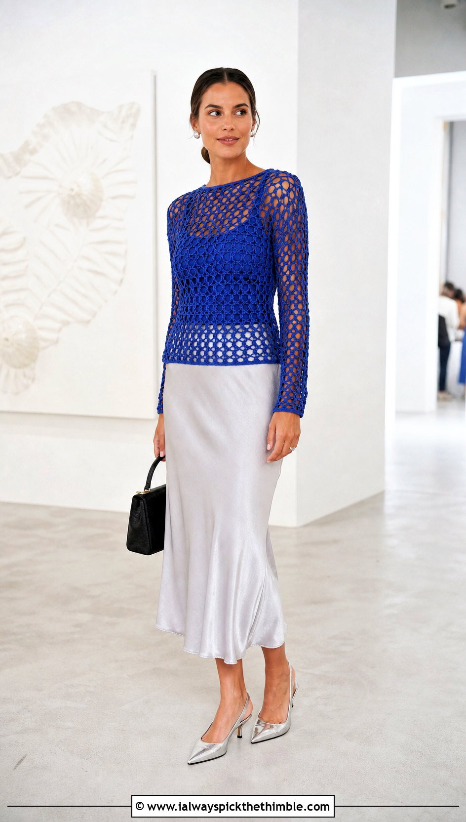 Mesh Long Sleeve Crochet Top With Satin Midi Skirt - 20 form crochet top outfit ideas