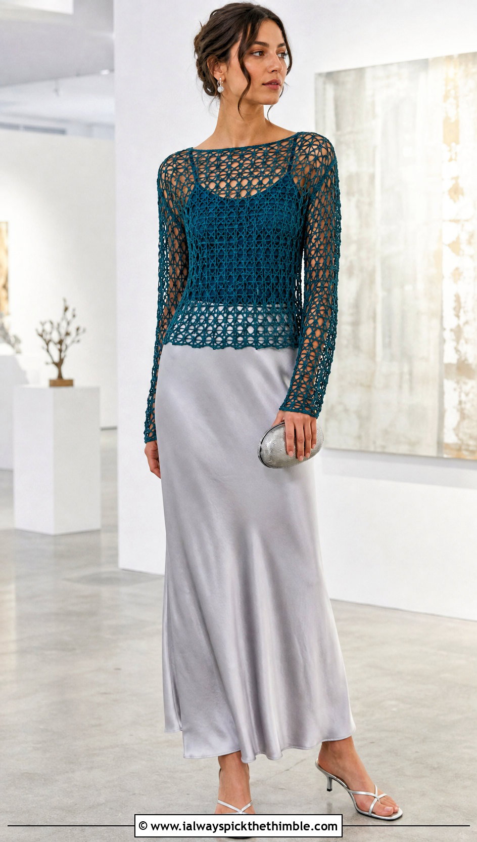 Mesh Long Sleeve Crochet Top With Satin Slip Skirt - 15 cool crochet top outfit ideas
