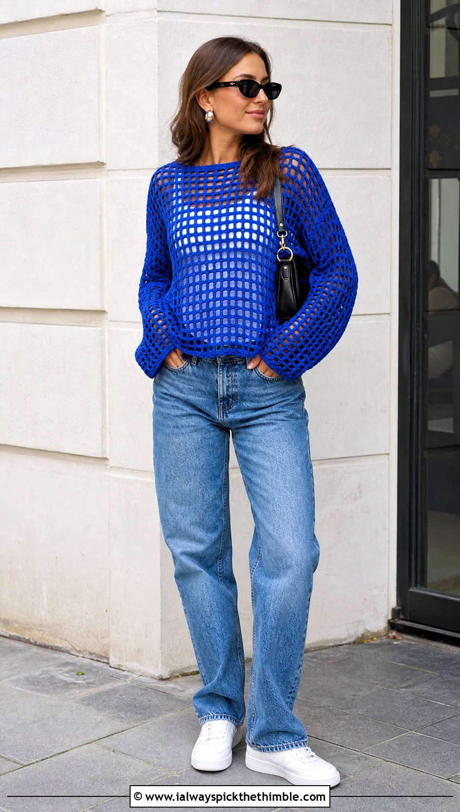 Mesh Loose Crochet Sweater With Straight Leg Jeans - 20 loose crochet sweater outfit ideas