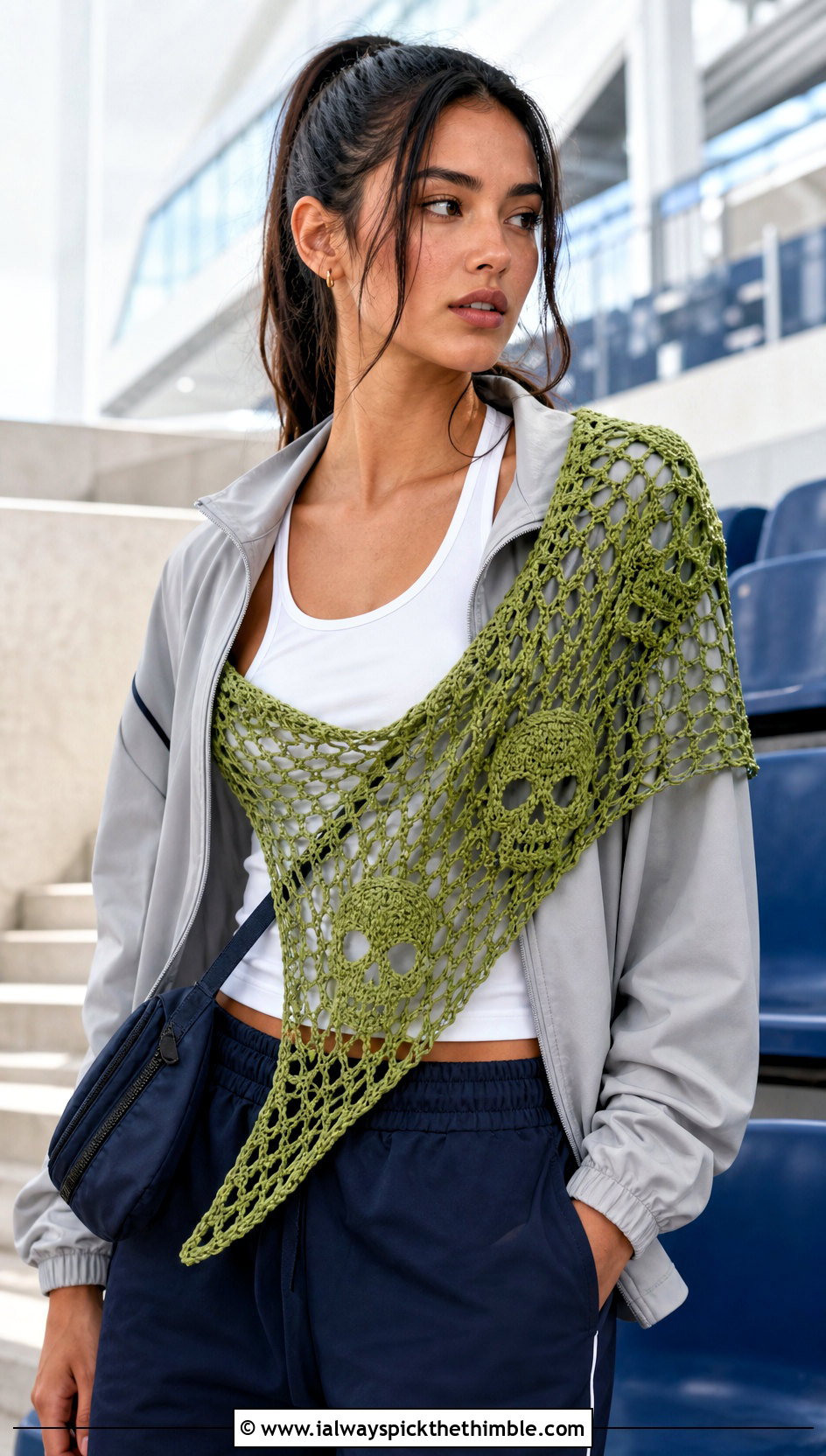 Mesh Lost Souls Shawl With Track Pants - 25 crochet lost souls shawl outfit ideas