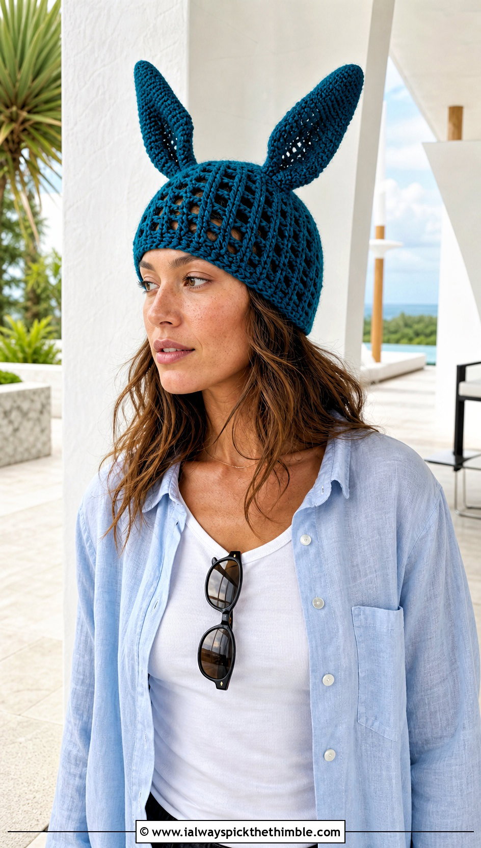 Mesh Louise Crochet Bunny Ear Hat With Linen Set - 20 Louise Crochet Hat outfit ideas