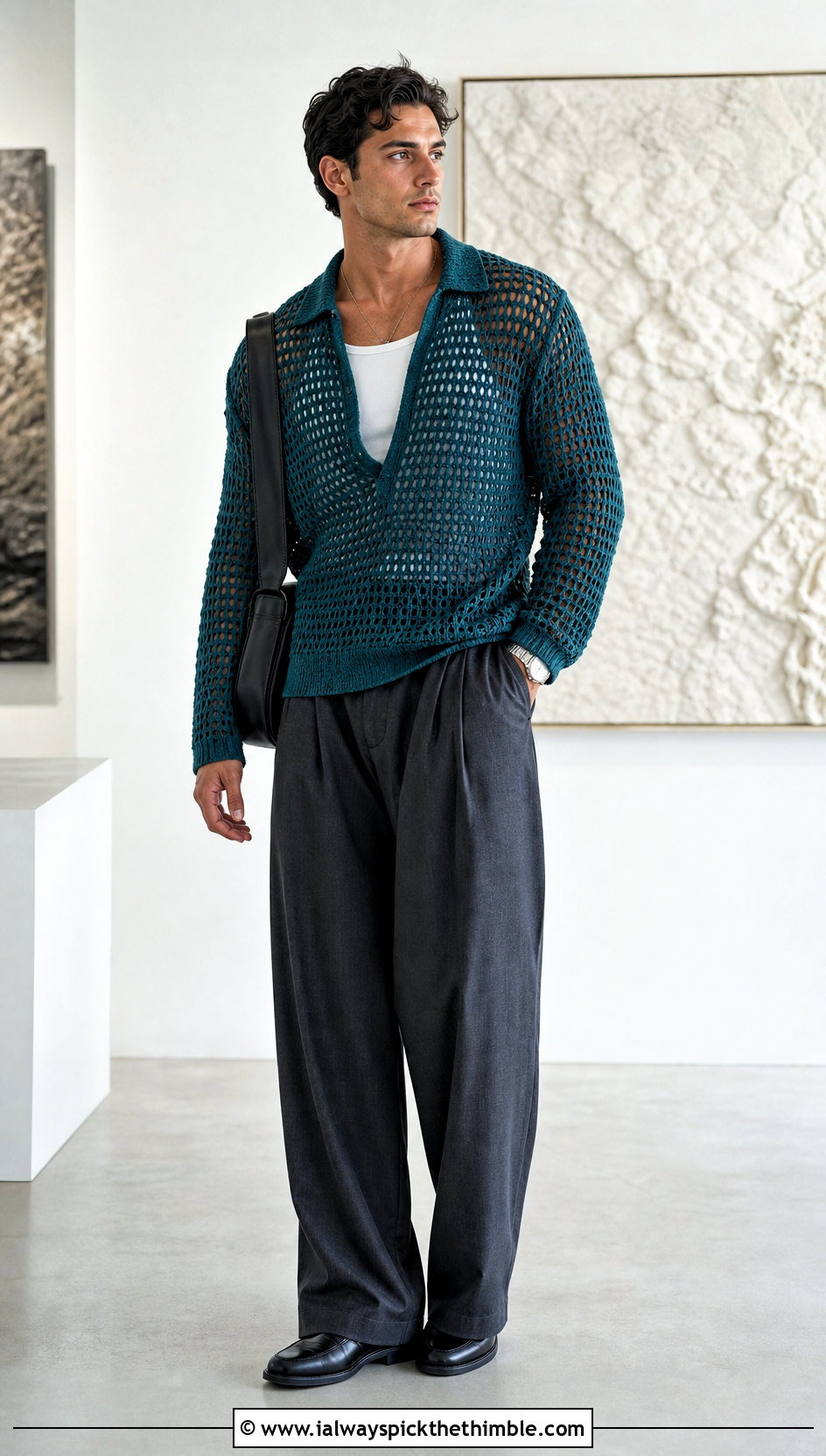 Mesh Mens Crochet Sweater With Wide Leg Trousers - 25 mens crochet sweater outfit ideas