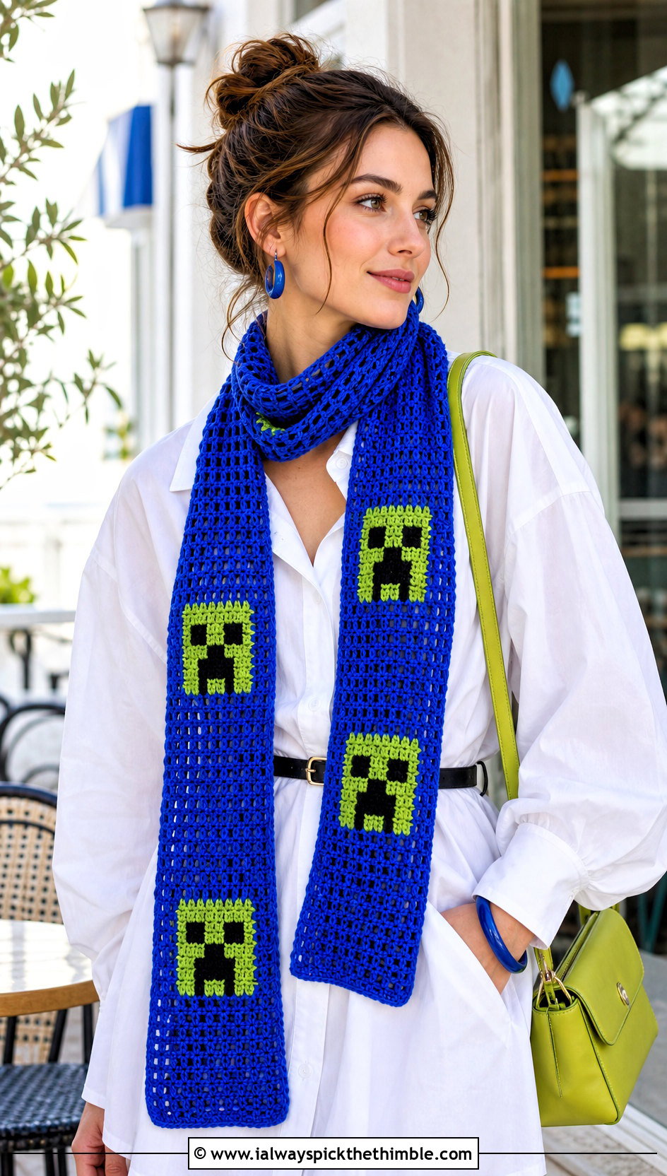 Mesh Minecraft Creeper Crochet Scarf With White Shirt And Wide Leg Jeans - 15 minecraft creeper crochet scarf outfit ideas