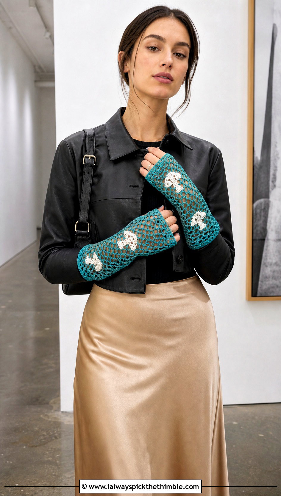 Mesh Mushroom Gauntlet Gloves With Leather Jacket And Satin Skirt - 20 Crochet Mushroom Gloves outfit ideas