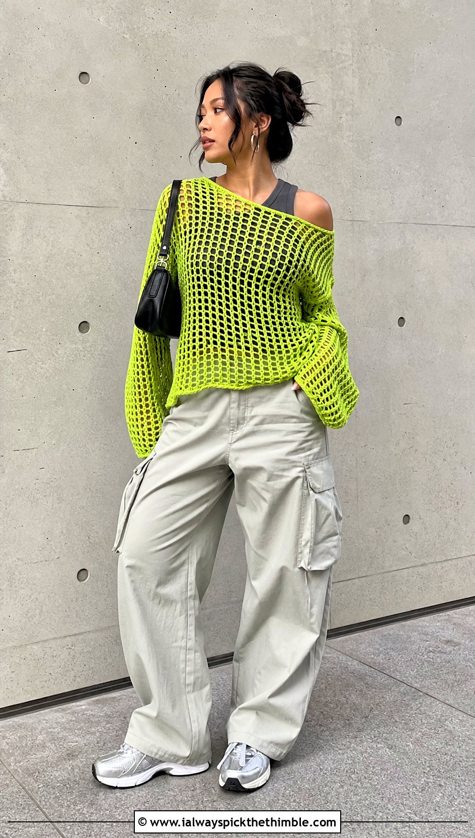 Mesh Off Shoulder Crochet Sweater With Cargo Pants - 25 off shoulder crochet sweater outfit ideas