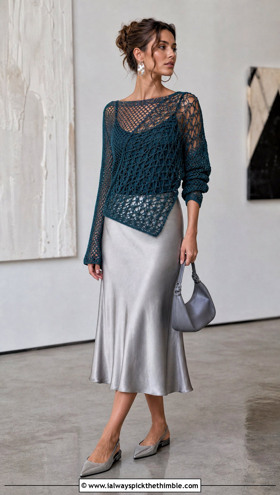 Mesh One Panel Crochet Sweater With Satin Midi Skirt - 20 One Panel Crochet Sweater outfit ideas
