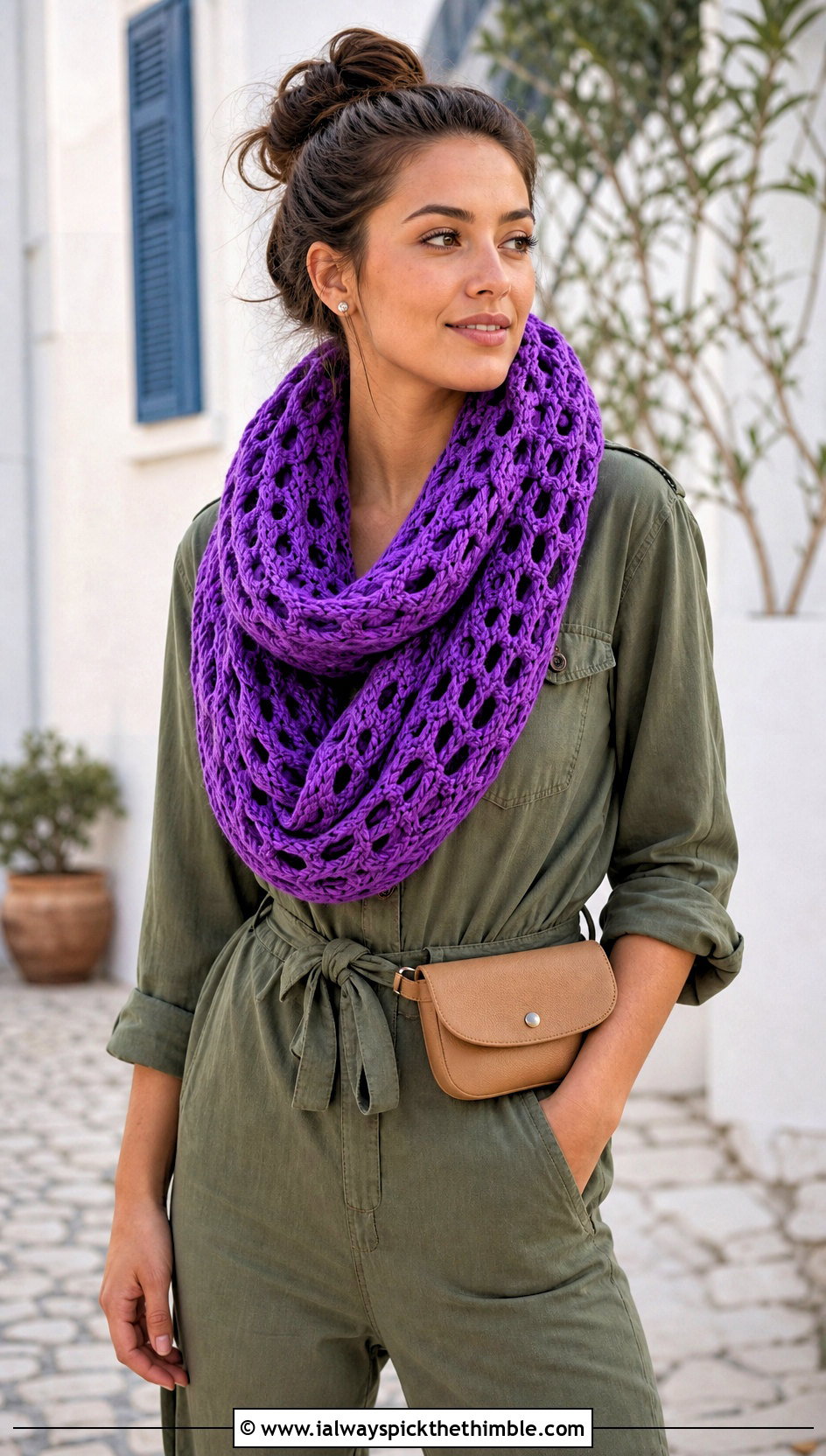 Mesh Oversized Crochet Infinity Scarf With Utility Jumpsuit - 15 Oversized Crochet Infinity Scarf outfit ideas