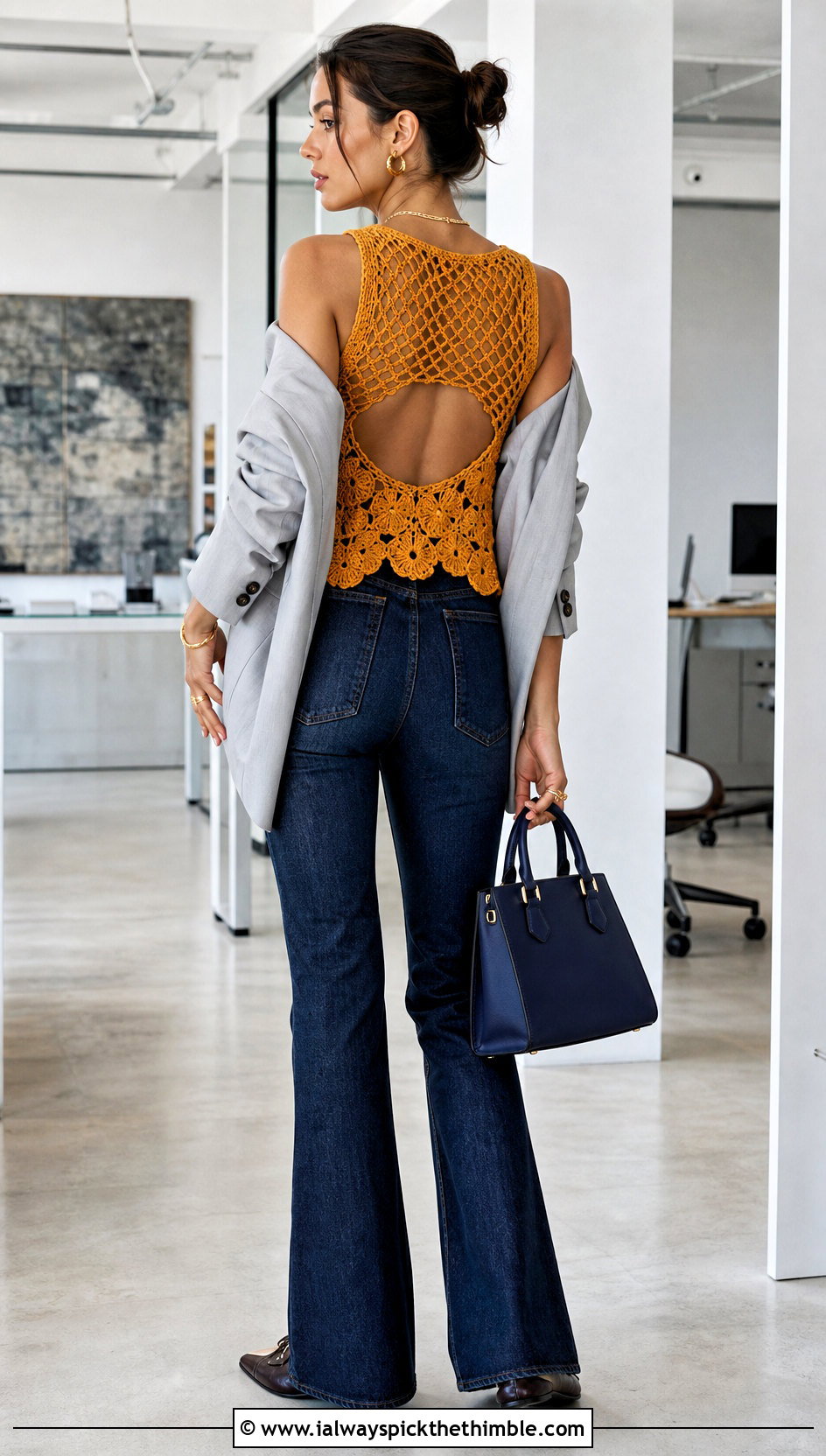 Mesh Panel Cutout Back Crochet Top With Blazer And Jeans - 15 crochet top with back cutout outfit ideas
