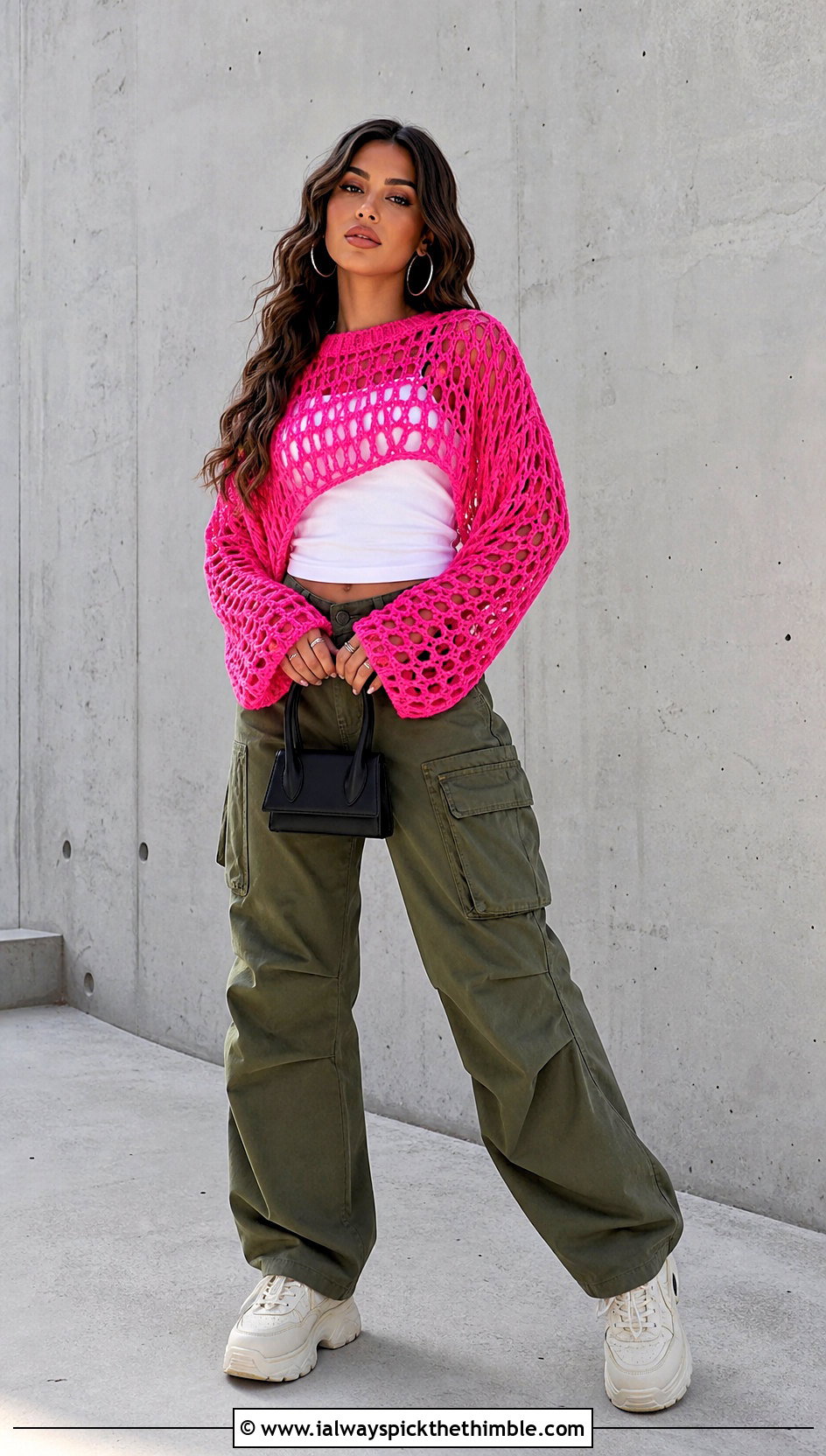 Mesh Pink Crochet Sweater With Cargo Pants - 25 pink crochet sweater outfit ideas