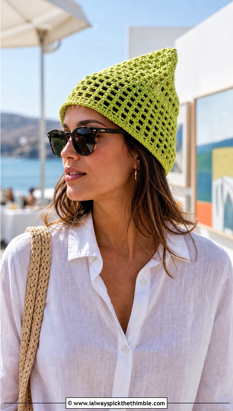 Mesh Pointed Crochet Hat With Linen Shirt And Bermuda Shorts - 20 Pointed Crochet Hat outfit ideas