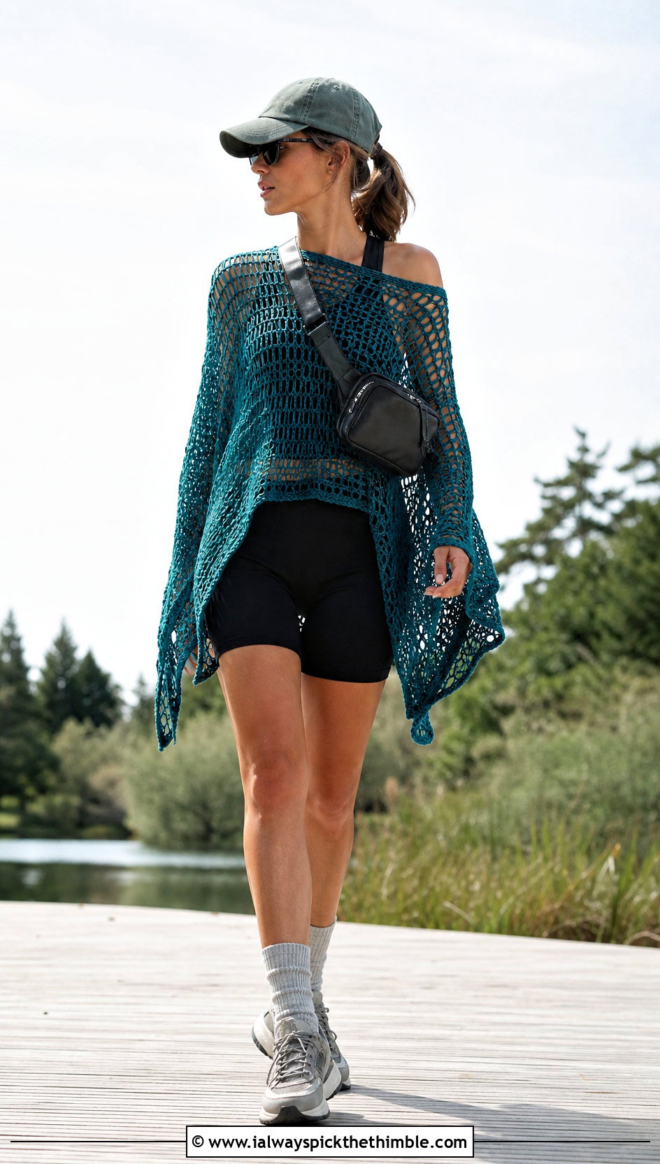 Mesh Poncho Crochet Flowy Top With Bike Shorts - 15 crochet flowy top outfit ideas