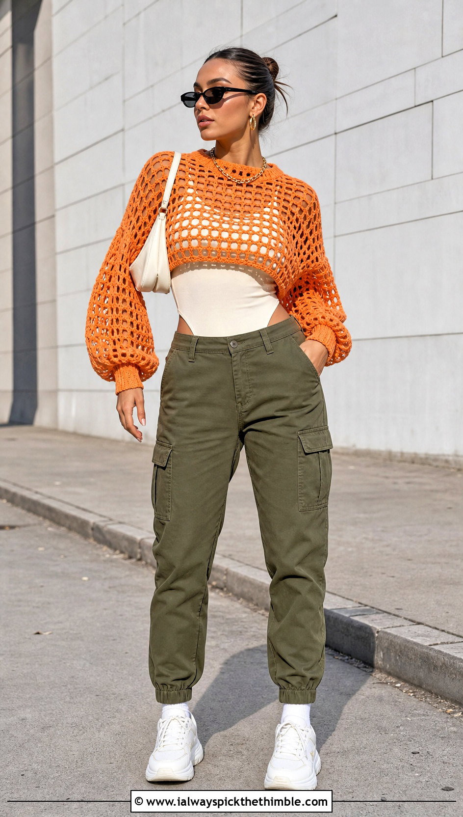 Mesh Puff Sleeve Crochet Sweater With Cargo Pants - 15 Puffy Crochet Sweater outfit ideas