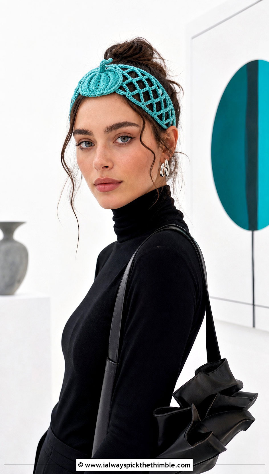 Mesh Pumpkin Headband With Black Turtleneck - 25 crochet pumpkin headband outfit ideas