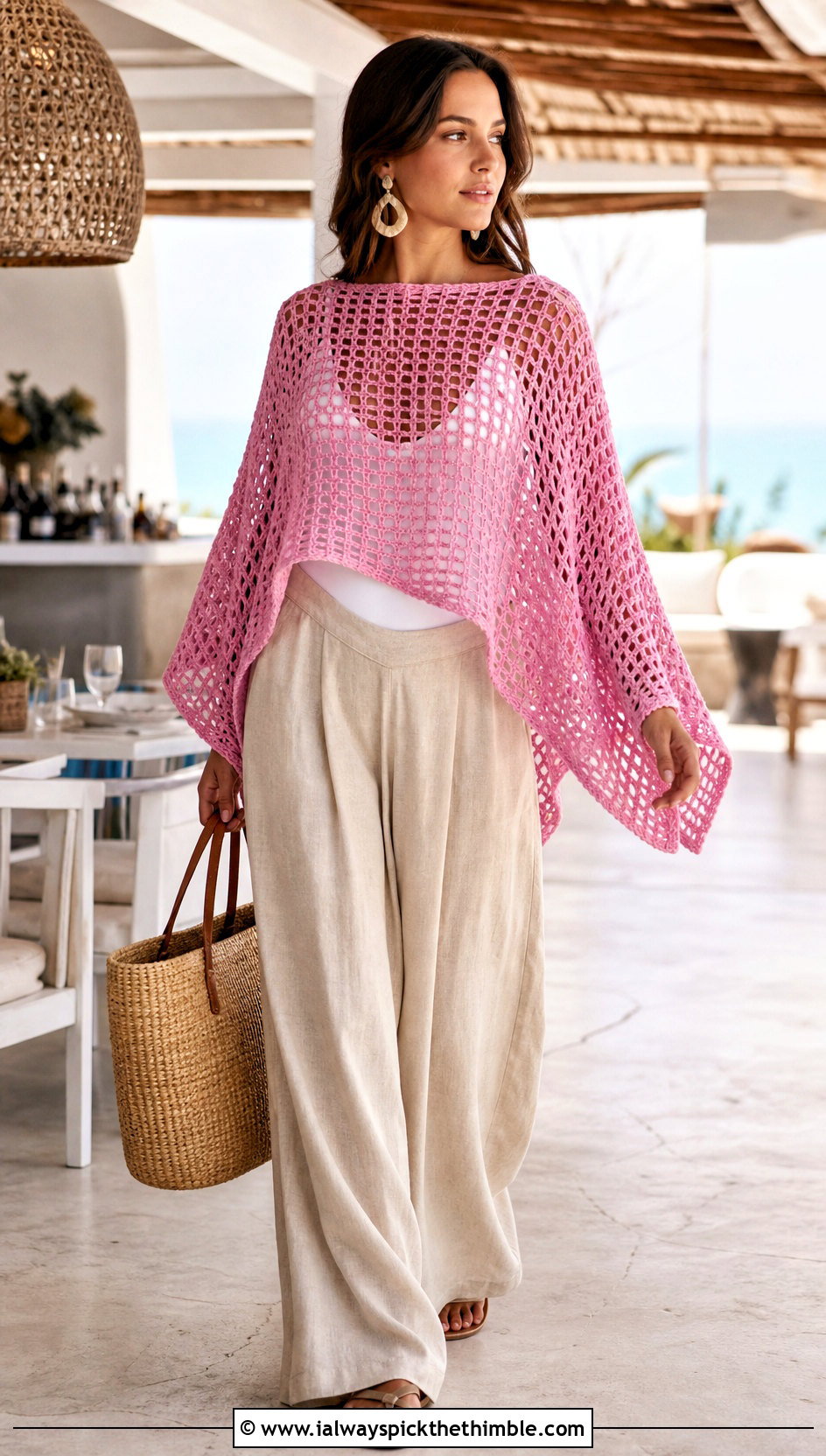 Mesh Rectangle Poncho With Wide Leg Linen Pants - 20 crochet rectangle poncho outfit ideas