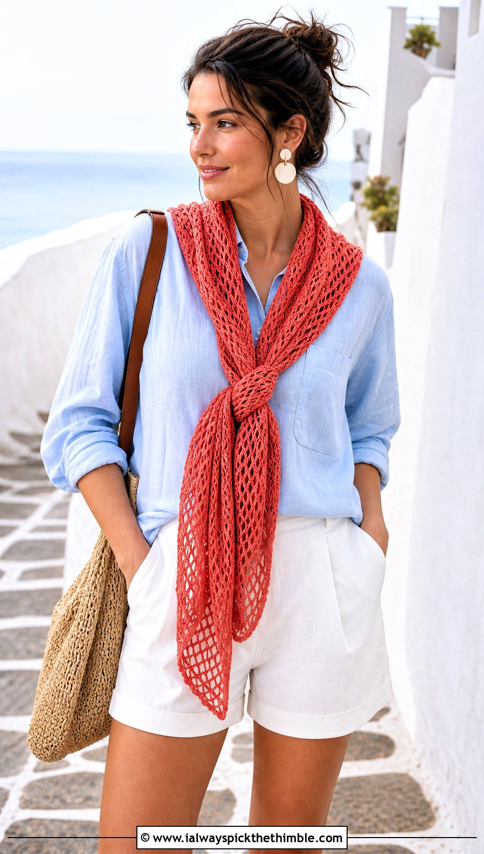 Mesh Roll Up Scarf With Linen Shirt And Tailored Shorts - 20 Crochet Roll Up Scarf outfit ideas