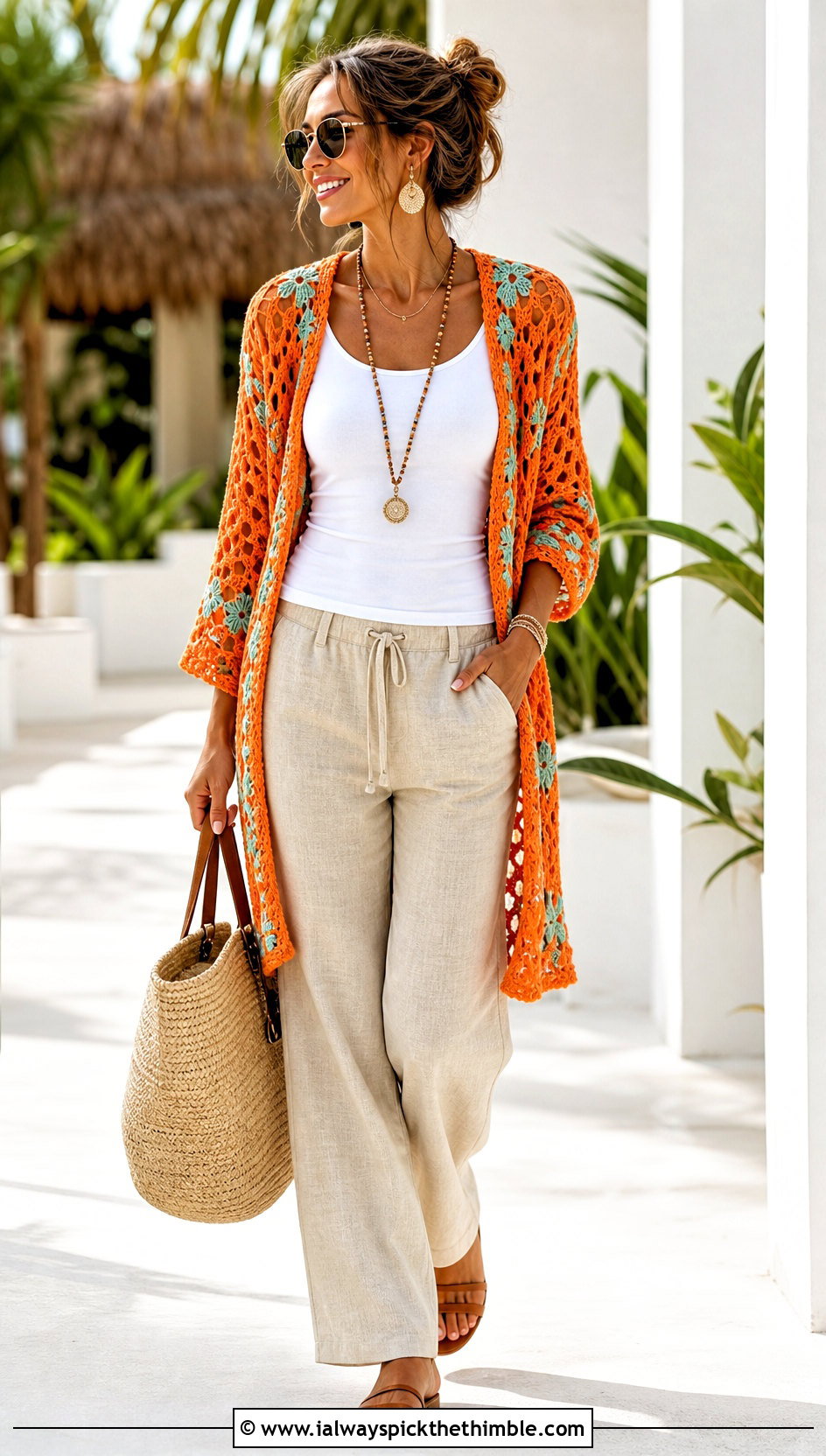 Mesh Scrap Cardigan With Linen Pants - 15 Crochet Scrap Cardigan outfit ideas