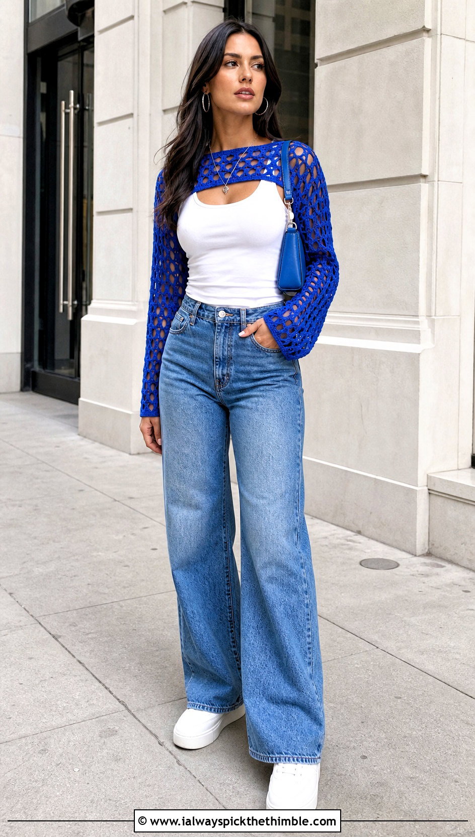 Mesh Shrug Crochet Sleeve Top With Wide Leg Jeans - 25 crochet sleeve top outfit ideas