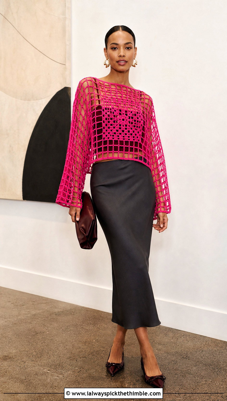 Mesh Single Granny Square Top With Column Skirt - 20 single granny square top outfit ideas