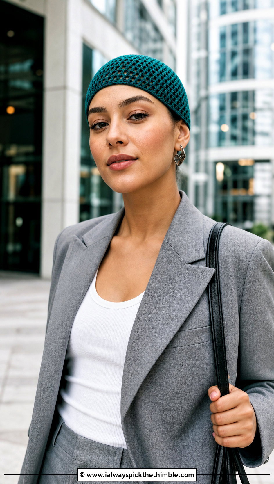 Mesh Skullcap Crochet Beanie With Tailored Blazer And Trousers - 15 Crochet Lightweight Beanie outfit ideas
