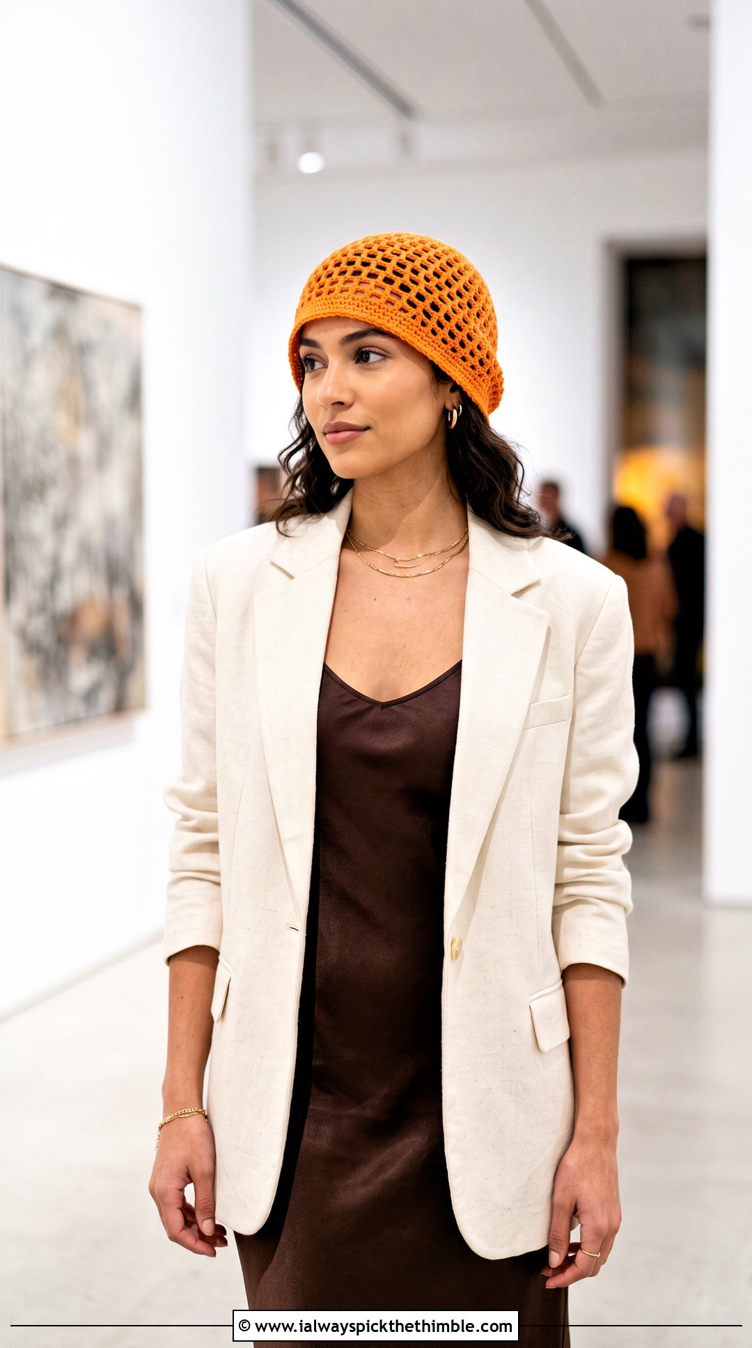 Mesh Slightly Slouchy Crochet Hat With Slip Dress And Blazer - 15 Slightly Slouchy Crochet Hat outfit ideas