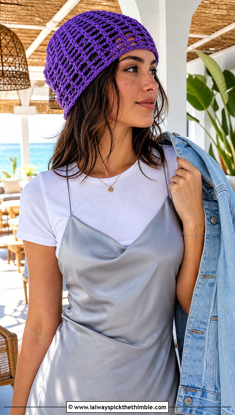 Mesh Slouch Crochet Beanie With Slip Dress - 20 slouch crochet beanie outfit ideas