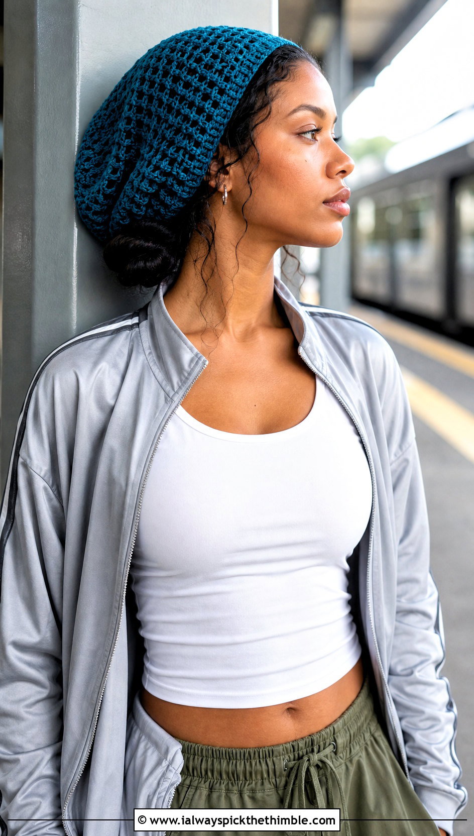 Mesh Slouch Crochet Snood Hat With Track Jacket And Cargo Pants - 20 slouch crochet hat outfit ideas