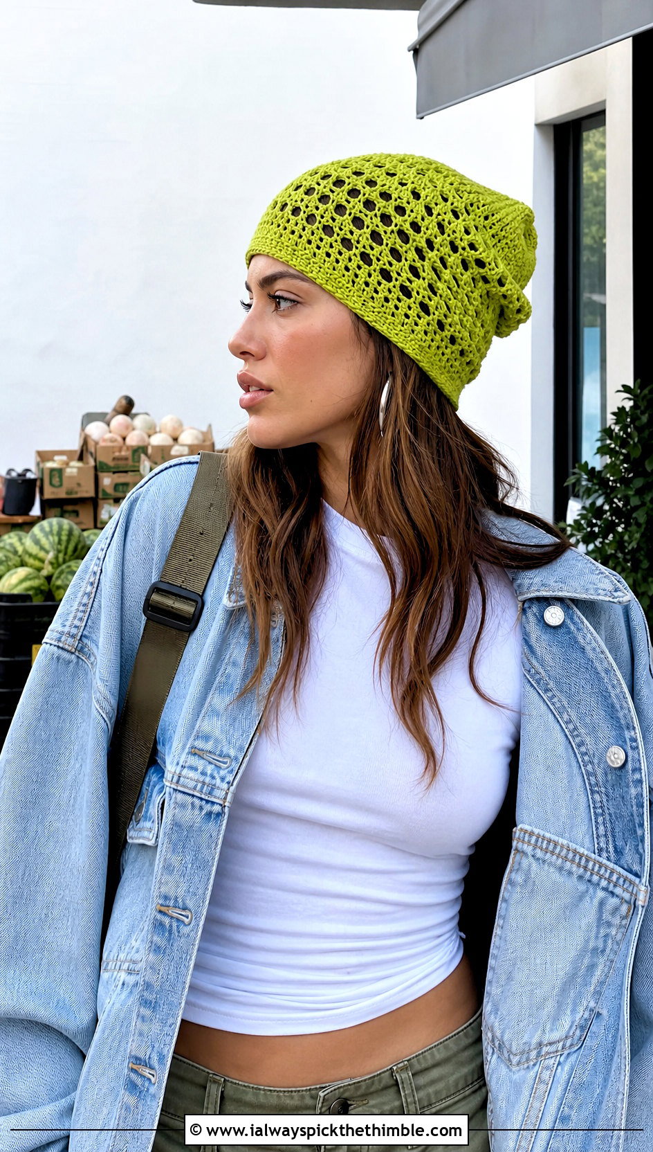 Mesh Slouchy Crochet Beanie With Denim Jacket And Cargo Pants - 20 Easy Slouchy Crochet Beanie outfit ideas