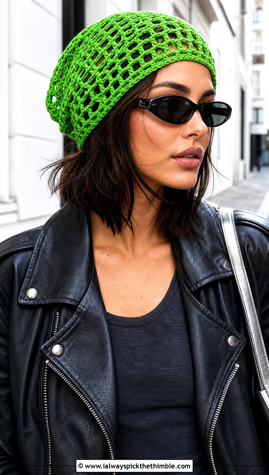 Mesh Slouchy Crochet Beanie With Leather Jacket - 25 slouchy crochet beanie outfit ideas