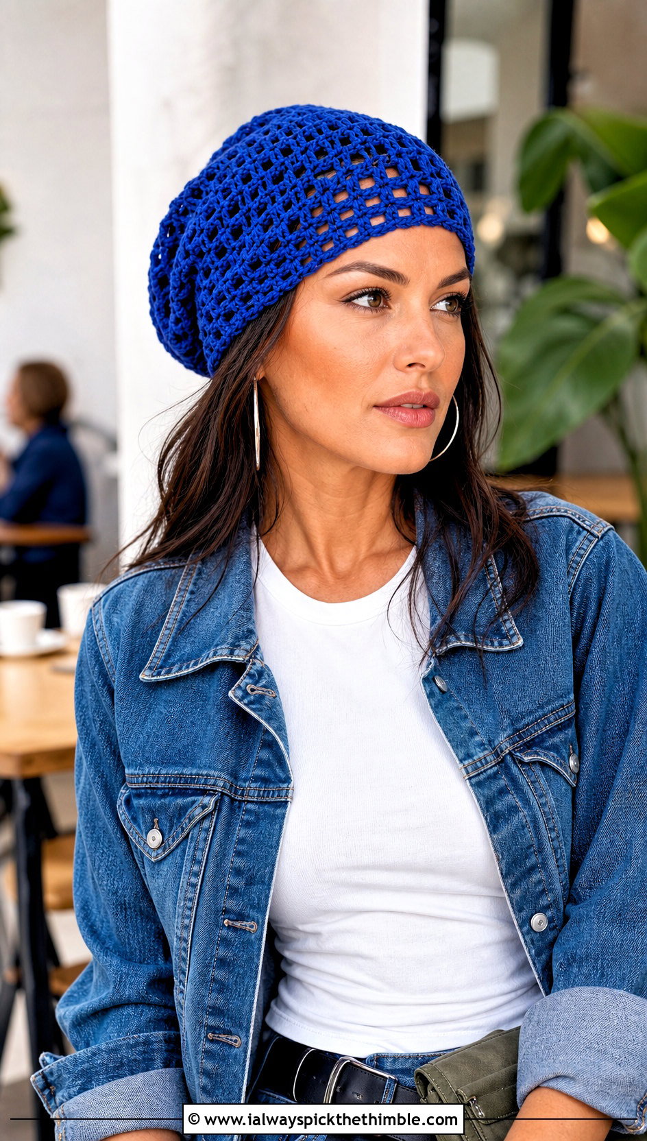 Mesh Slouchy Crochet Hat With Denim Jacket And Utility Pants - 15 Slouchy Crochet Hat outfit ideas