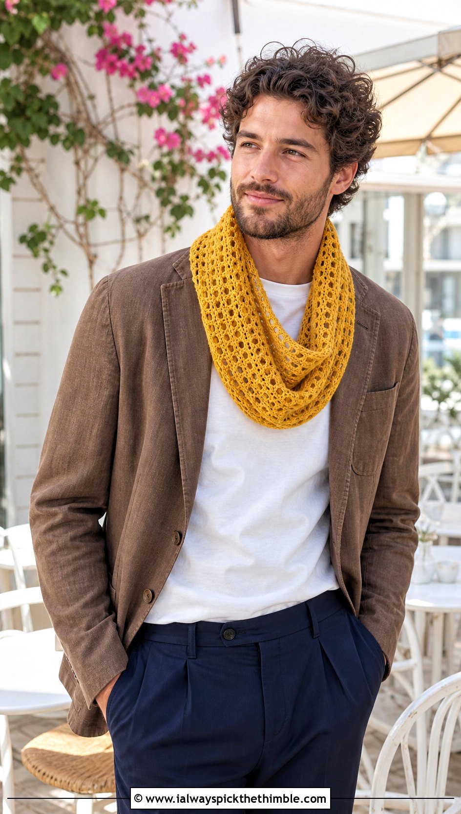 Mesh Stitch Crochet Cowl With Spring Blazer - 20 crochet cowl for men outfit ideas