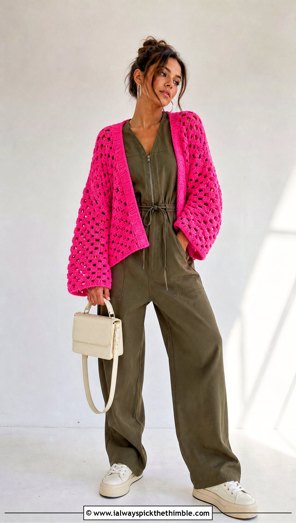 Mesh Stitch Crochet Grandpa Sweater With Utility Jumpsuit - 20 Crochet Grandpa Sweater outfit ideas