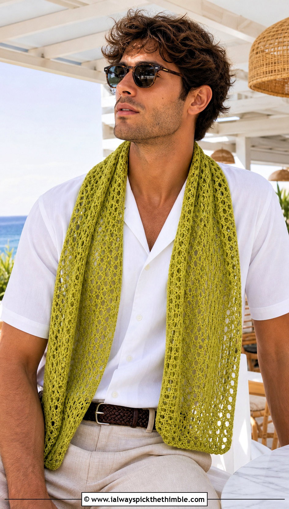 Mesh Stitch Crochet Scarf With Camp Collar Shirt - 15 crochet stitch for mens scarf outfit ideas