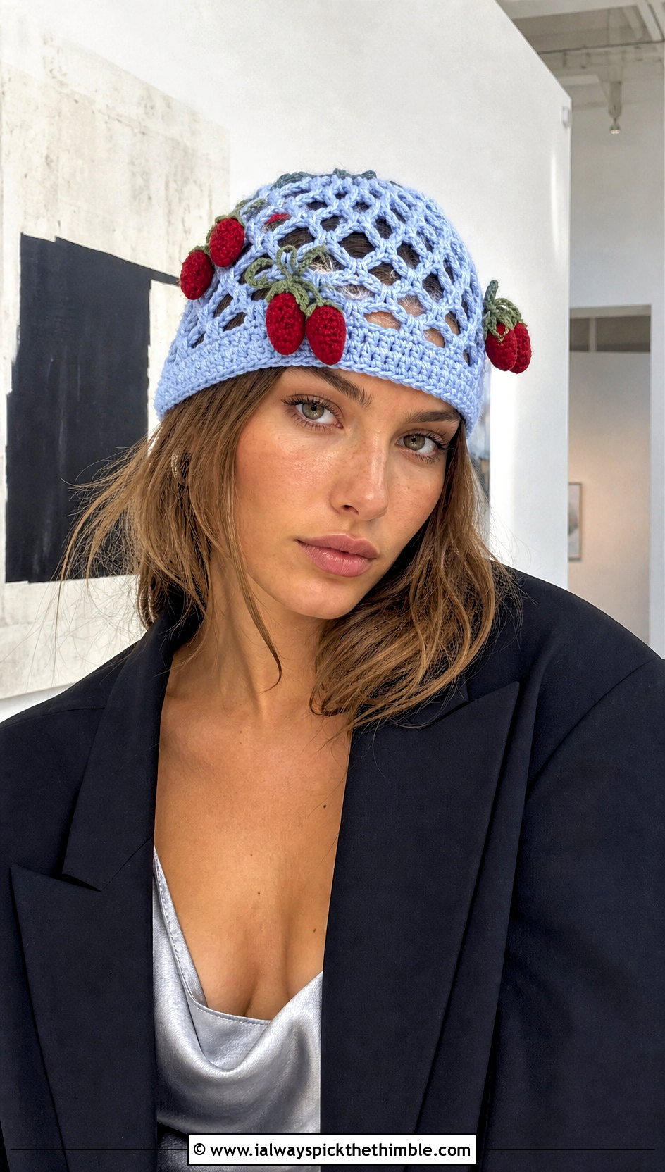 Mesh Stitch Crochet Strawberry Beanie With Slip Dress - 20 Crochet Strawberry Beanie outfit ideas