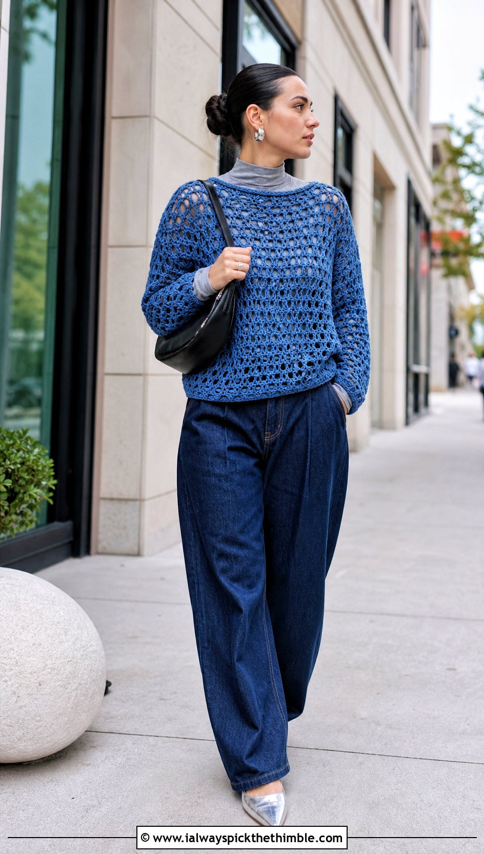 Mesh Stitch Grandpa Crochet Sweater With Barrel Jeans - 15 Grandpa Crochet Sweater outfit ideas