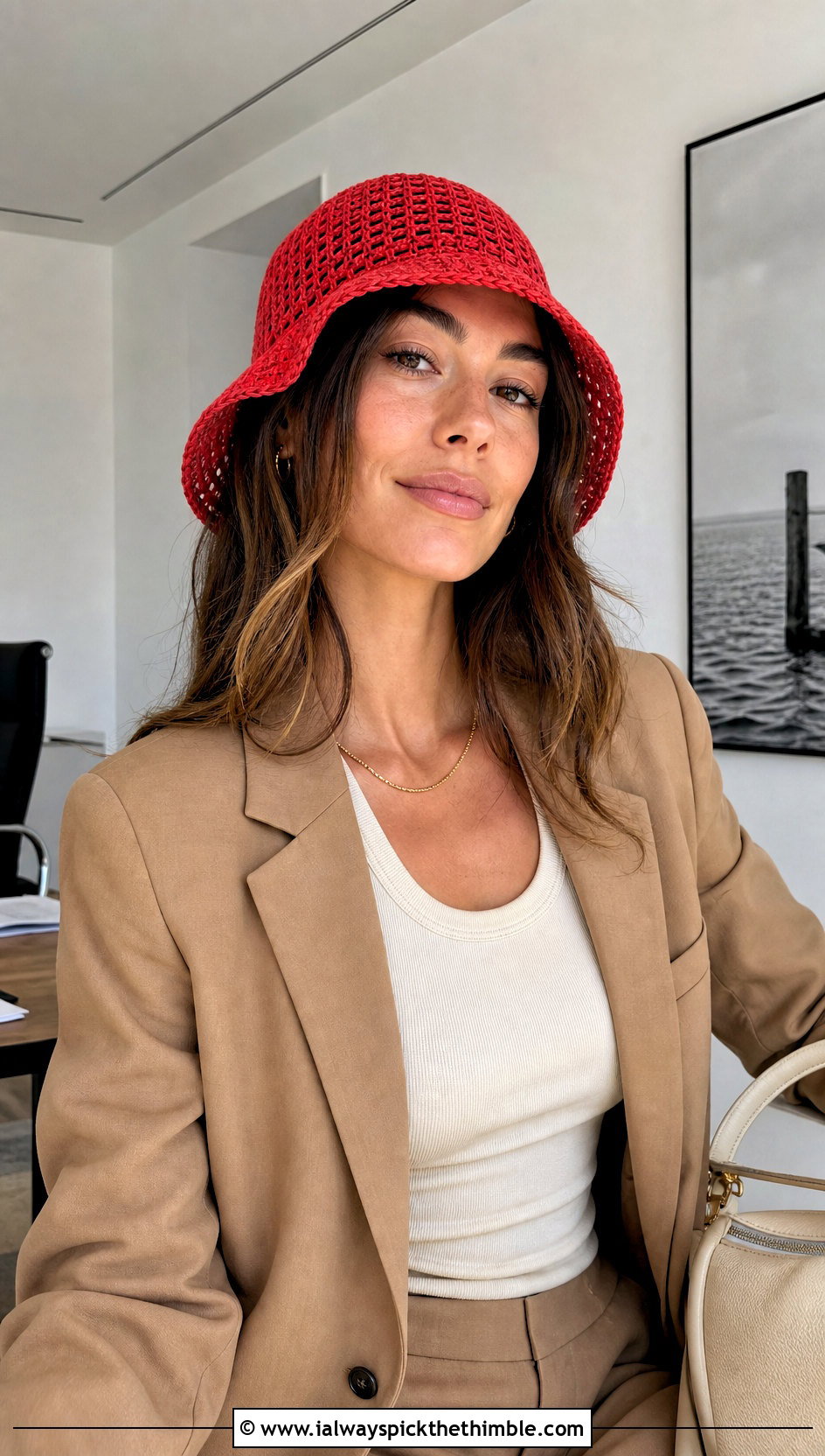 Mesh Stitch Red Crochet Bucket Hat With Blazer And Trousers - 20 red crochet bucket hat outfit ideas