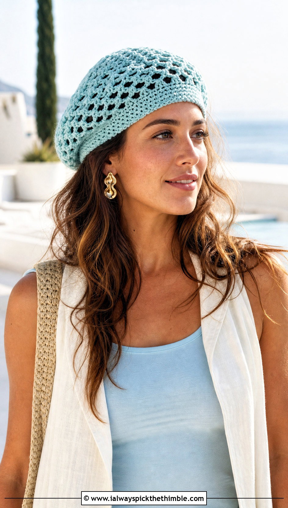 Mesh Stitch Slouchy Crochet Beret With Linen Co Ord - 20 Slouchy Crochet Beret outfit ideas