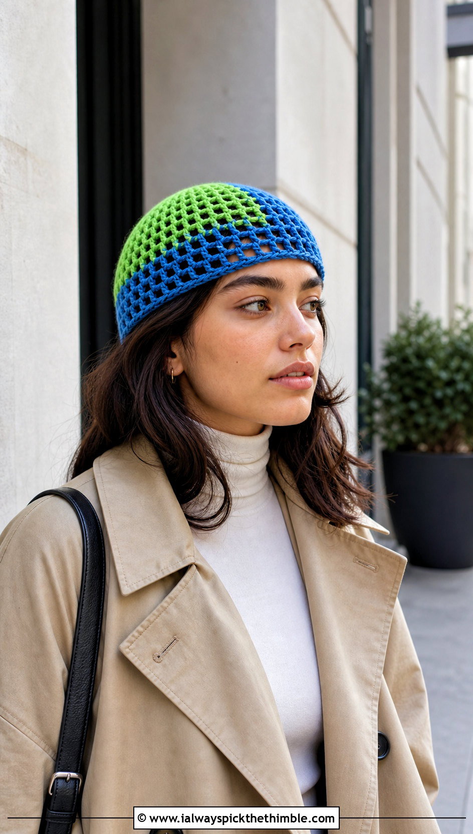 Mesh Stitch Split Color Crochet Beanie With Trench Coat - 15 Split Color Crochet Beanie outfit ideas