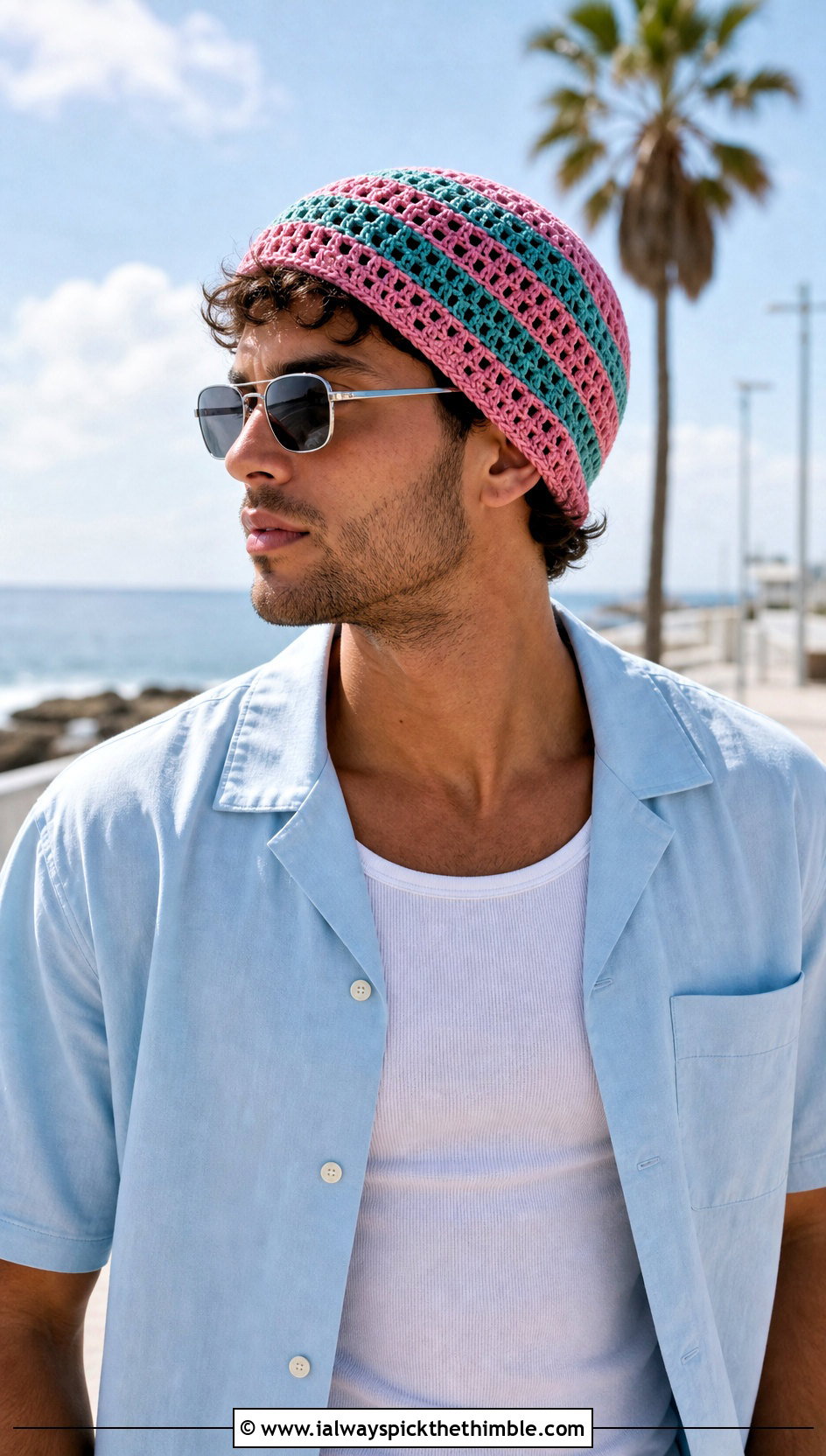 Mesh Stitch Striped Crochet Beanie With Camp Collar Shirt - 15 mens striped crochet beanie outfit ideas