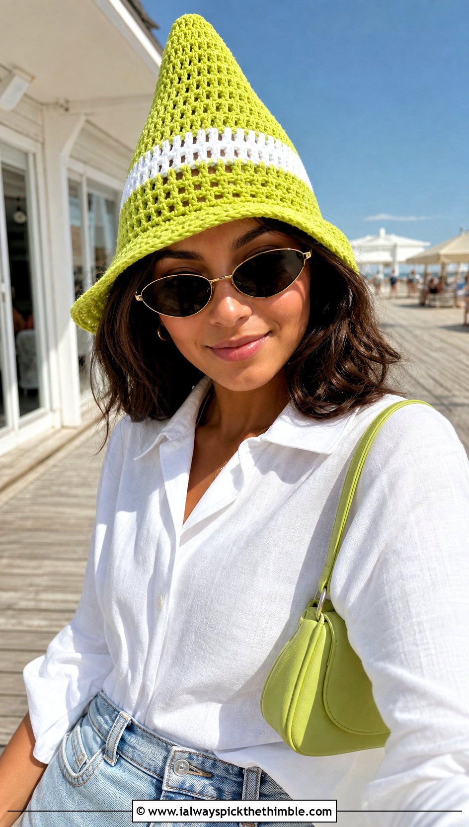 Mesh Stitch Traffic Cone Hat With Summer Shorts - 20 crochet traffic cone hat outfit ideas